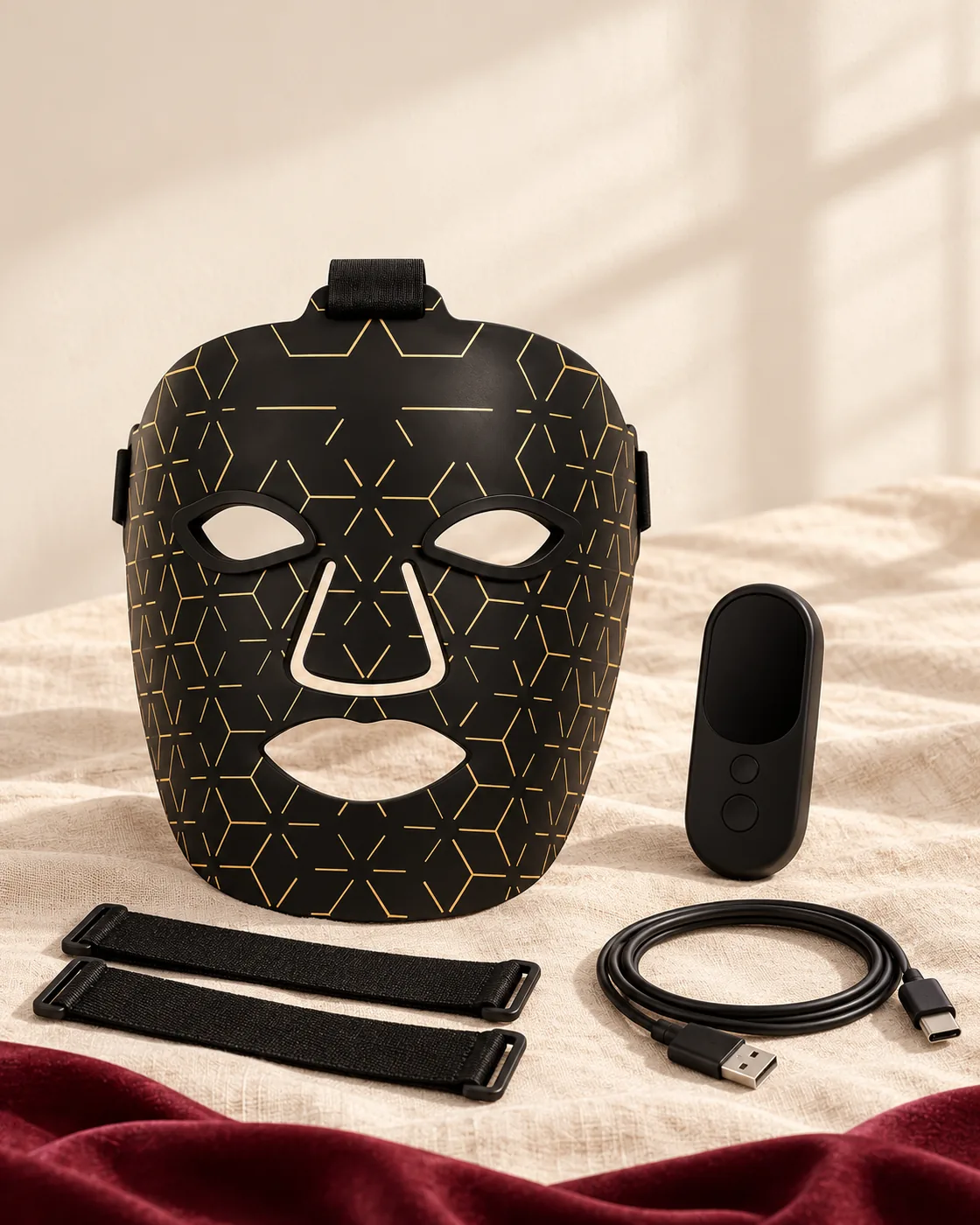 Masque LED Éclavie avec commande, sangles et câble USB disposés clairement.
