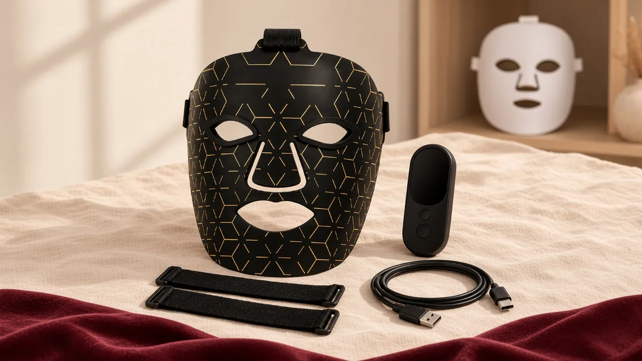 Nature morte : kit Éclavie au premier plan, masque LED premium générique en arrière-plan.