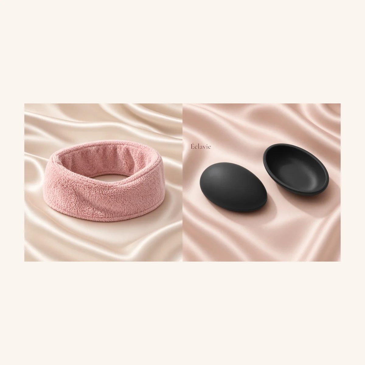 Une femme ajuste le bandeau spa rose dans ses cheveux.